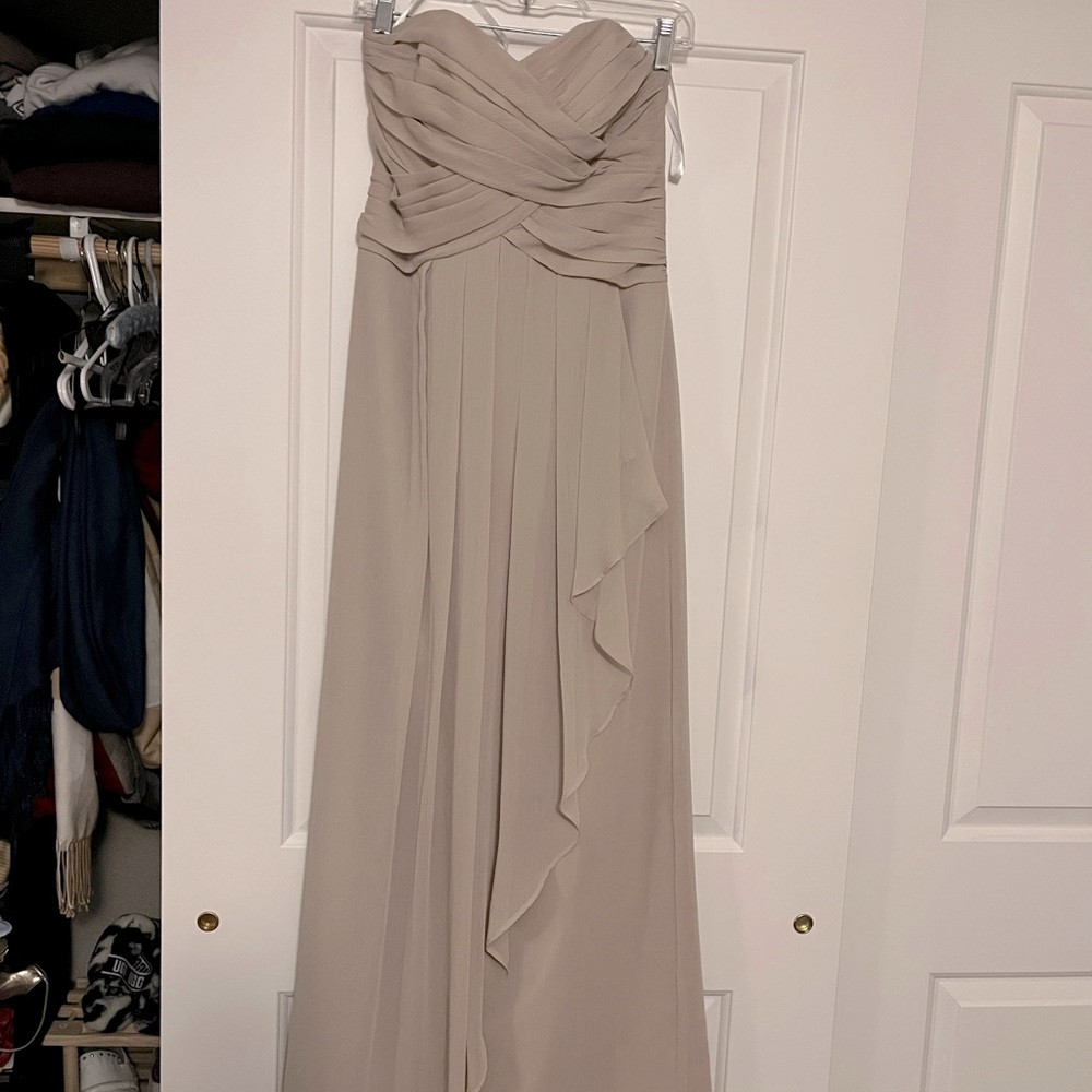 Beige David’s bridal bridesmaid dress.